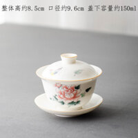 Bát trà Gaiwan bằng sứ trắng, bộ trà Gaiwan ba tài năng hoa mẫu đơn, bộ trà gốm có nắp, tách trà sứ trắng, bộ pha trà phong cách Trung Quốc, bộ trà Kung Fu