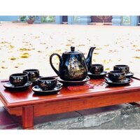 [BÁT TRÀNG CHÍNH HÃNG]-Bộ ấm chén men than vẽ chỉ vàng họa tiết thuận buồm xuôi gió