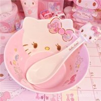 Bát và thìa Hello Kitty, bát và thìa melamine, bát cơm dễ thương hoạt hình, thìa súp, thìa giả sứ cho trẻ em