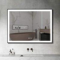 BATH KNOT 48"x36" Large Black Framed LED Lighted Bathroom Wall Mounted Mirror with High Lumen Bathroom Makeup Vanity Mirror Anti-Fog and Di...