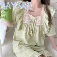 Bayamo Trang phục tại nhà mùa hè, Bộ đồ ngủ nữ buộc dây bằng vải Jacquard, Bộ đồ ngắn tay kiểu công chúa ngọt ngào màu trơn