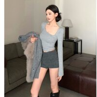 Bb Hot Girl Màu xám Cổ chéo Áo thun dài tay nữ mùa xuân bó sát eo hẹp Slim-Fit đế ngắn hàng đầu