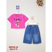 BB0702-A2 - Bộ bé gái quần jean lửng lai tủa đóng nút , áo cotton in Mickey , màu hồng sen , size nhỡ 9t-15t