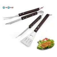 Bbq Thép không gỉ Thịt Nướng Bộ Ba Mảnh Tay Cầm Bằng Gỗ Nĩa Xẻng Kẹp Nướng Kết Hợp Nĩa Kẹp Bộ