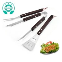 Bbq Thép không gỉ Thịt Nướng Bộ Ba Mảnh Tay Cầm Bằng Gỗ Nĩa Xẻng Kẹp Nướng Kết Hợp Nĩa Kẹp Bộ