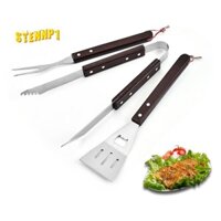 Bbq Thép không gỉ Thịt Nướng Bộ Ba Mảnh Tay Cầm Bằng Gỗ Nĩa Xẻng Kẹp Nướng Kết Hợp Nĩa Kẹp Bộ