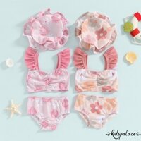 Bbq-toddler Bé Gái Đồ Bơi Mùa Hè In Hoa Bay Tay Áo Tankini Quần Short Bơi Mũ Bơi 3 Miếng Đồ Tắm Bikini Đi Biển