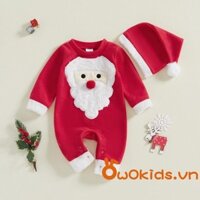 Bé 2 Bộ Trang Phục Giáng Sinh Tay Dài Cổ Tròn Ông Già Noel Thêu Áo Liền Quần + Mũ Bộ Trang Phục Ngày Lễ