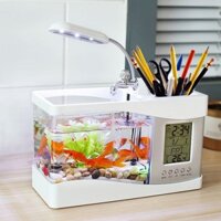 Bể Cá Mini Để Bàn Tặng Sỏi Và Cây Thuỷ Sinh-Bể Cá Có Đèn Và Màn Hình Đồng Hồ Điện Tử