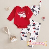 Bé Có Mũ Xe Tải Họa Tiết Trái Tim Tình Yêu Cổ Tròn Dài Tay Rompers Có Quần Bộ