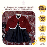 [Bé gái 10-30kg] Set áo khoác dạ tweed đỏ viền bèo kèm váy thun tay dài dáng xòe phong cách tiểu thư, sang chảnh cho bé