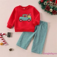 Bé Gái 2 Bộ Trang Phục Giáng Sinh In Hình Xe Tải Áo Dài Tay + Bộ Quần Kẻ Sọc Eo Co Giãn