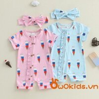 Bé Gái 2 Bộ Trang Phục Mùa Hè Tay Ngắn In Kem Áo liền quần Có Băng Đô Bộ Quần Áo Sơ Sinh