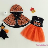 Bé Gái 2 Bộ Trang Phục Halloween Không Tay Váy Tuyn + Áo Khoác Có Mũ Trùm Đầu Bộ Quần Áo Cosplay
