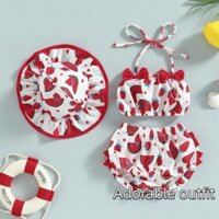 Bé Gái 3 Bộ Đồ Bơi Mùa Hè In Hình Trái Cây Dây Cổ Áo Không Tay Đi Biển Quần Short Và Mũ Bộ