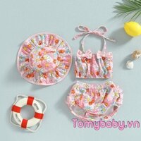 Bé Gái 3 Đồ Bơi Mùa Hè In Hình Trái Cây Dây Áo Không Tay + Quần Short Đi Biển + Mũ Bộ Đồ Bơi