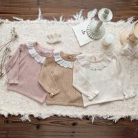 Bé Gái Áo Chui Đầu Lá Sen Cổ Áo Len Bé Gái Cổ Tròn Rỗng Len Đế Mỏng Áo Len NJEZ