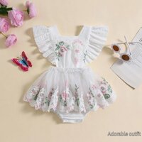 Bé Gái Áo Liền Quần Đầm Bay Tay Thêu Hoa Lave Chắp Vá Body Quần Áo Mùa Hè