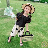 Bé Gái Cổ Vuông Tay Phồng Nơ Áo Tay Ngắn + Chấm Bi Quần Ống Rộng Bộ Hai Mảnh
