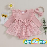 Bé Gái Đầm Dài Tay Nơ Ren Lớp Vải Tulle Váy Viền Tập Đi Body Có Băng Đô