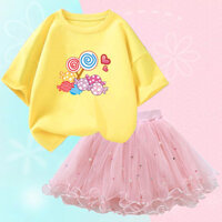 Bé Gái Dễ Thương Bộ Quần Áo 2024 Mùa Hè Mới Kẹo lollipop Áo Thun + Váy Tutu 2 Chiếc Trang Phục Cho Trẻ Em Đảng Quần Áo Sinh Nhật