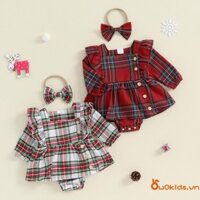 Bé Gái Giáng Sinh Áo Liền Quần Đầm Bay Tay Nút Kẻ Sọc Áo Liền Quần Có Băng Đô