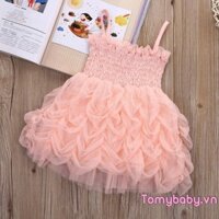 Bé Gái Không Tay Đầm Màu Trơn Xếp Ly Tulle Sling Mùa Hè Ruffle Bong Bóng Váy Công Chúa