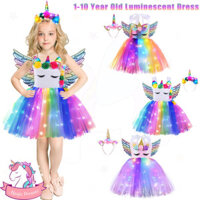Bé Gái Kỳ Lân Tutu Đầm Công Chúa Trẻ Em 1-10 Tuổi Sinh Nhật Đầm LED Phát Sáng Đảng Đầm Cầu Vồng Tóc Ban Nhạc Cánh