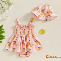 Bé Gái Màu Cam Romper Đầm Shirred Frill Viền Không Tay Body Có Mũ Chống Nắng 2 Mảnh Trang Phục Mùa Hè