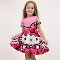 Bé Gái Mới Váy Mùa Hè Hoạt Hình Thời Trang Dễ Thương Hello Kitty 3D In Váy Bé Gái Tay Ngắn Công Chúa Kỳ Nghỉ Quần Áo