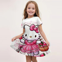 Bé Gái Mới Váy Mùa Hè Thời Trang Hoạt Hình Dễ Thương Hello Kitty 3DPrint Váy Bé Gái Tay Ngắn Công Chúa Kỳ Nghỉ Quần Áo