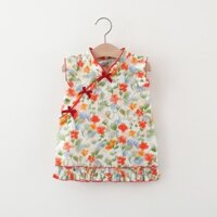 Bé Gái Mùa Hè Phong Cách Trung Hoa Sườn Xám Ngọt Ngào In Hoa Tay Bay Đầm Nơ