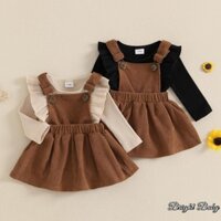 Bé Gái Mùa Thu Trang Phục Chắc Chắn Xù Dài Tay Cổ Thủy Thủ Đoàn Áo Liền Quần Với Corduroy Suspender Váy 2 Chiếc Bộ