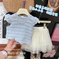 Bé Gái Muối Biển Xanh Lá Sen Tay Ngọc Trai Dây Xích Áo Vest Top Và Lưới Váy Phù Hợp Với