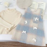 Bé Gái Nơ Xanh Trắng Kẻ Sọc Plus Lông Cừu Len Áo Váy Đáy Áo Sơ Mi Tính Khí Hai Mảnh Phù Hợp Với Mùa Đông 2024 Sản Phẩm Mới