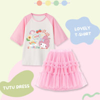 Bé Gái OVERSIZE Váy Kuromi Phù Hợp Với Giai Điệu Raglan Tay Áo Nối ​​Váy gạc nơ Váy công chúa dài nửa nửa váy trang phục ngọt ngào