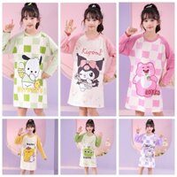 Bé Gái Phong Cách Hàn Quốc Dài Tay In Hình Hoạt Hình Cổ Tròn Đồ Ngủ Thoáng Khí Bé Gái Cotton Váy Ngủ