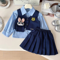 Bé Gái Preppy Phong Cách Phù Hợp Với Mùa Thu Trẻ Em Thỏ Cảnh Sát Viên Bé Gái Áo Vest Áo Sơ Mi Xếp Ly Váy Ba Mảnh Phù Hợp Với