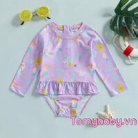 Bé Gái Rash Guard Đồ Bơi Dễ Thương Dài Tay In Hình Nàng Tiên Cá Ruffle Bộ Đồ Tắm