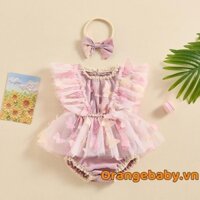 Bé Gái Rompers Đầm Bướm Tôn Bay Tay Lưới Váy Viền Trẻ Sơ Sinh Body Có Băng Đô
