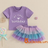 Bé Gái Tập Đi 2 Bộ Trang Phục Sinh Nhật Tay Ngắn In Chữ Trái Tim + Bộ Váy Tutu Quần Áo Cho Bé