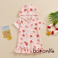 Bé Gái Tập Đi Bơi Che Tay Ngắn In Dâu Tây Zip up Đi Biển Che Áo choàng Tắm Có Mũ Trùm Đầu