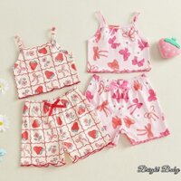 Bé Gái Tập Đi Mùa Hè 2 Chiếc Bộ Quần Áo Nơ In Hình Dâu Tây Không Tay Tank Áo Co Giãn Eo Quần Short