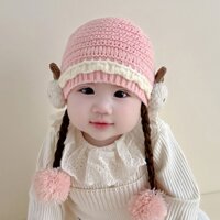 Bé Gái Thu Đông Mũ Len Hàn Quốc Dễ Thương Thỏ Dệt Kim Trẻ Sơ Sinh Bím Tóc Giả Mũ Công Chúa Chống Gió Beanies Cho Trẻ Em 3-24 Tháng