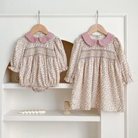 Bé Gái Tím Hồng Vàng FFloral Đầm Dài Tay Công Chúa Mùa Xuân Thu Búp Bê Cổ Ins Đầm