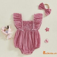 Bé Gái Trang Phục Mùa Hè Ruffle Không Tay Cổ Vuông Kẻ Sọc In Áo Liền Quần Có Băng Đô Bộ Quần Áo Sơ Sinh