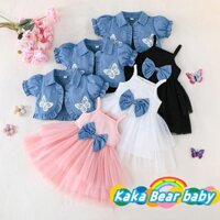 Bé Gái Tulle Spaghetti Dây Đeo Nơ Một Dòng Đầm Có Chấm Bướm In Hình Ngắn Tay Phồng Cardigan