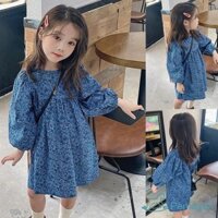 Bé Gái Váy Hoa Xanh Thu Đông Mới Trẻ Em Bé Gái Quần Áo Puff Tay Ngoại Thương Công Chúa