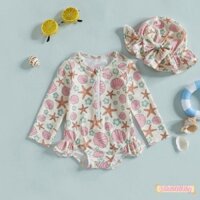 Bé Gái Vỏ Họa Tiết Sao Biển Zip Up Tay Dài Cổ Thủy Thủ Bảo Vệ Phát Hiện Đồ Bơi Có Mũ Bộ