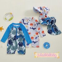 Bé Trai Lá Cá Voi Họa Tiết Zip Up Tay Dài Cổ Thủy Thủ Phát Ban Bảo Vệ Đồ Bơi Có Mũ Bộ